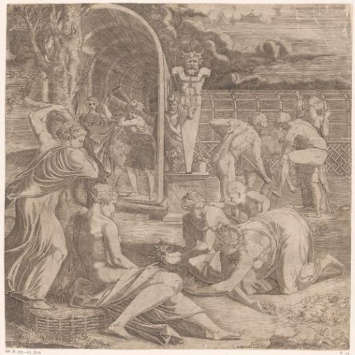 Figures tending a garden with a statue of Priapus