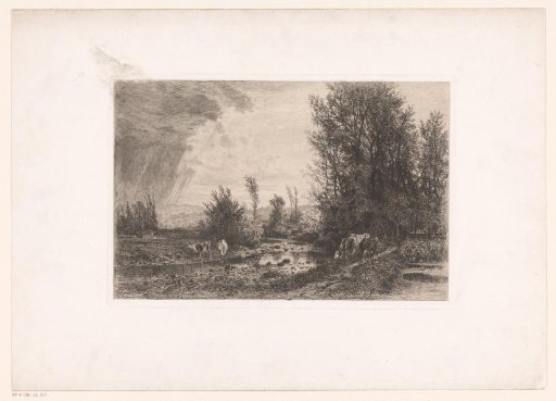 Landscape with cows along a stream