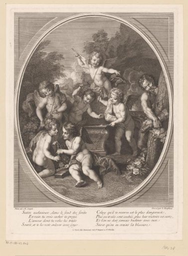 Putti forging arrows while a satyr spies on them