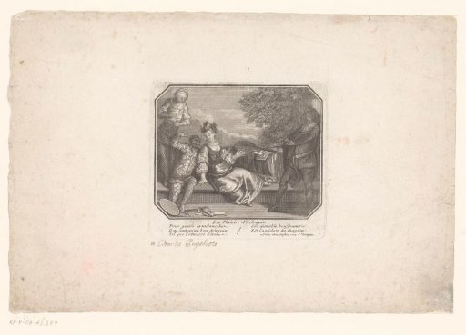 Galant scene with a woman surrounded by Pierrot and two other men