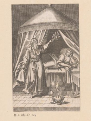 Woman lying in a bed and an old man with a beard before the bed