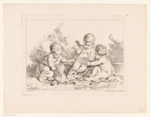 Three Cupids warming themselves by fire