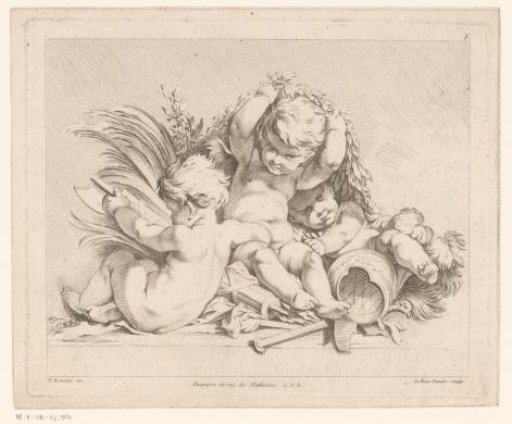 Three Cupids with a sheaf of corn and foliage