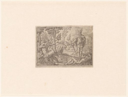 Man seated on a stone points to a man with a sword, trampling a lying figure