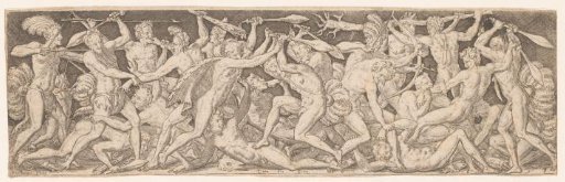 Combat between naked men, some adorned with feathers