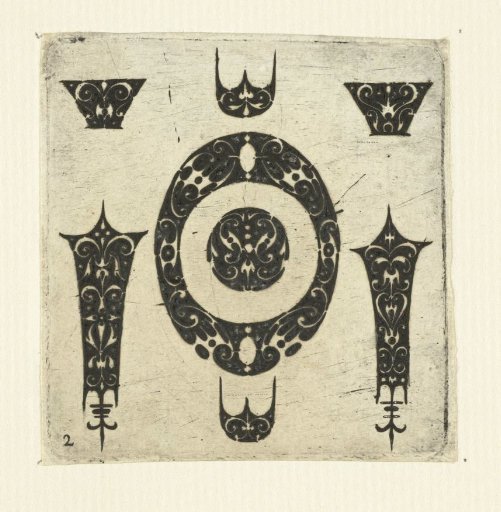 Design for an oval border of a dial and six ornaments