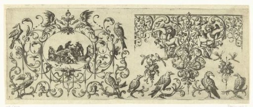 Border decoration with an oval on the left and two putti on the right