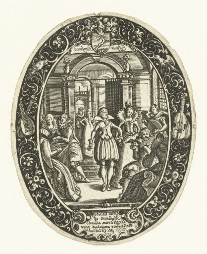 Oval with a depiction of a dance lesson
