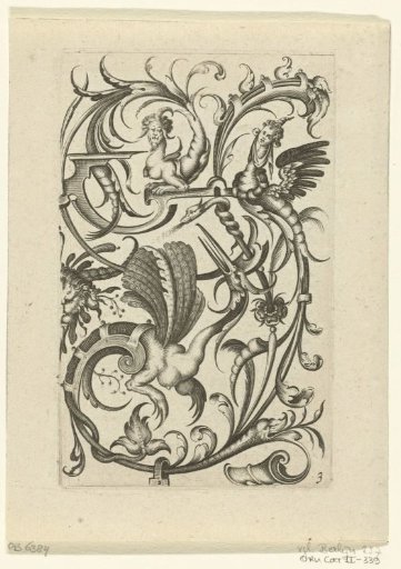Panel with leaf scrolls terminating in three grotesque monsters