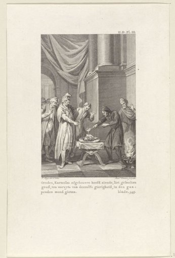 Parthians pour molten gold into the severed head of Crassus