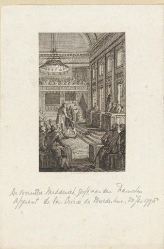 Chairman Midderigh of the National Assembly gives the French envoy De La Croix the brotherly kiss, 1798