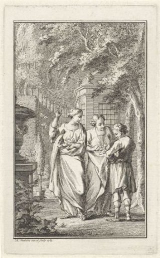Three figures in a garden