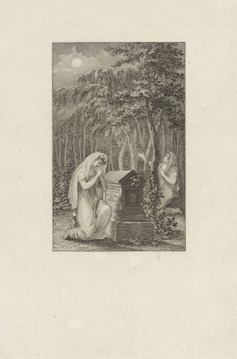 Two women mourning at a grave in the woods by moonlight