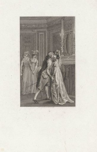 Gentleman kissing a lady in a room