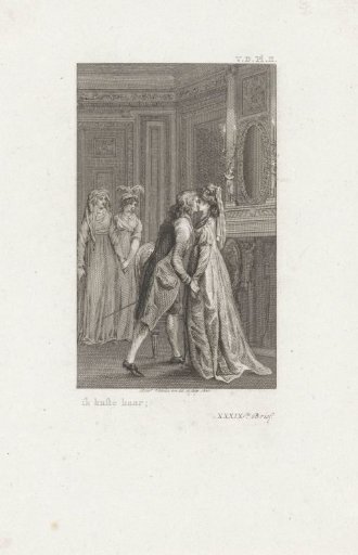 Gentleman kissing a lady in a room
