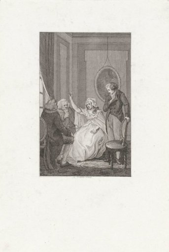 Young woman in conversation with three gentlemen