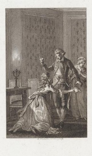 Woman with a letter kneeling before a man