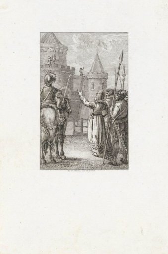 Woman with soldiers before a fortress