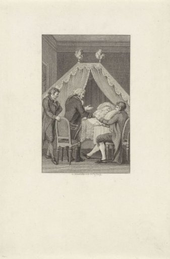 Three men around a woman on her sickbed