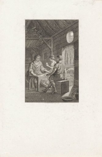 Three figures dining in a hut at night