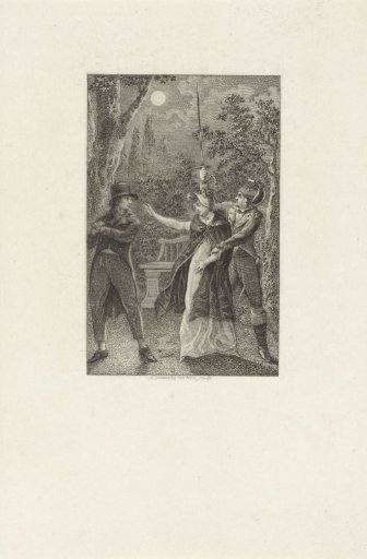 Woman being taken away from a man by a soldier, at night