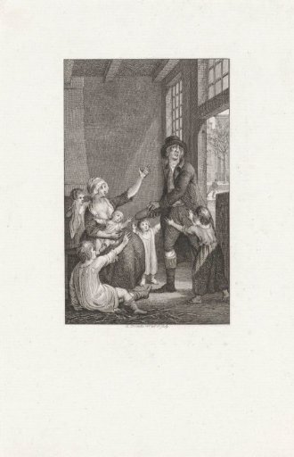 Man with a loaf of bread beside a poor mother with children