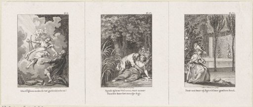 Personification and a kneeling man / Kissing couple by the water / Woman viewing two dead birds
