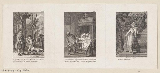 Boy cuts the line with which a blind man is tied to his dog / Quarreling men with a clock / Weeping woman at Werther's grave looking at an owl