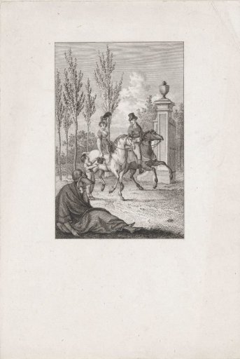 A rider gives coins to a begging boy