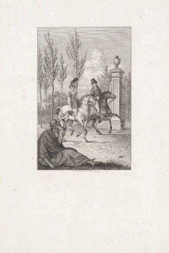 A rider gives coins to a begging boy