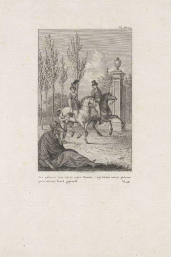 A rider gives coins to a begging boy