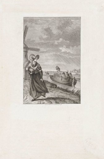 View of a dike with a woman looking at a towboat