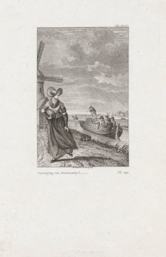 View of a dike with a woman looking at a towboat