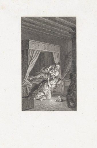 A man and woman fighting by a bed