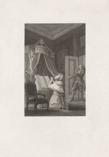 A woman praying before a crucifix