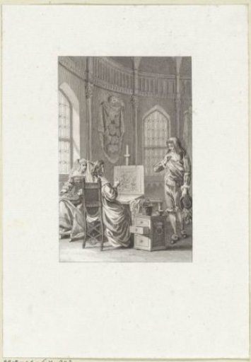 Two ladies working and conversing with a gentleman