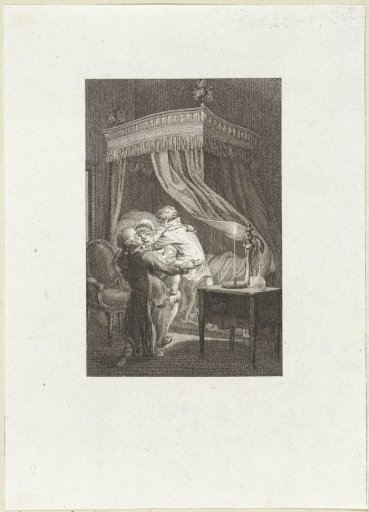 Man and woman with a child at a four-poster bed