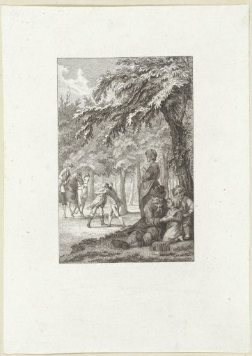 Forest view with two gentlemen greeting each other with an embrace