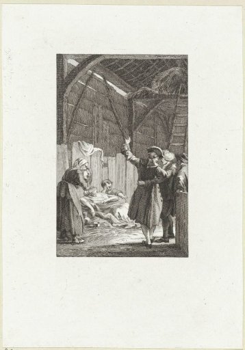 Several figures around a dead woman in a barn