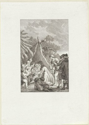 Old man before a tent surrounded by putti, two women and three men