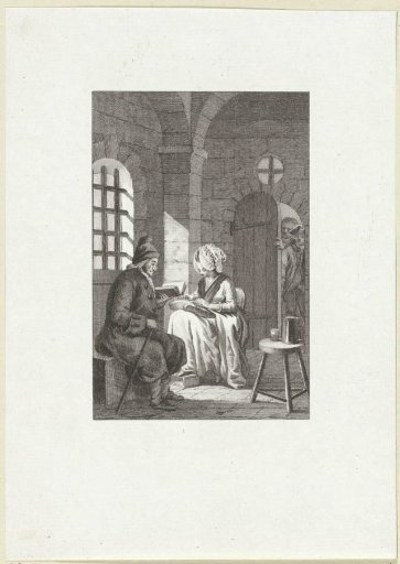 Old man reading and young woman doing needlework in a cell