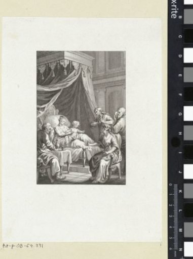 Woman with a young child in a four-poster bed surrounded by visitors