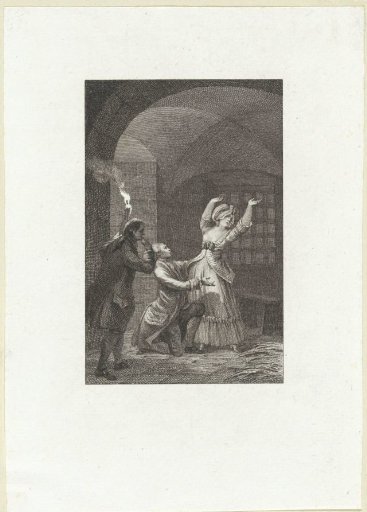 In a cell, a man kneels before a woman who turns her face away