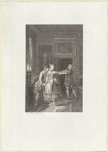Two men and a woman in a room illuminated by candlelight