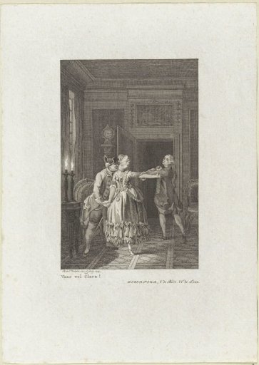 Two men and a woman in a room illuminated by candlelight
