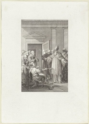 Two men kneeling before a bishop