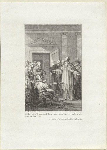 Two men kneeling before a bishop