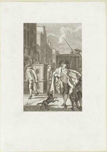 In a street, two boys point at a man