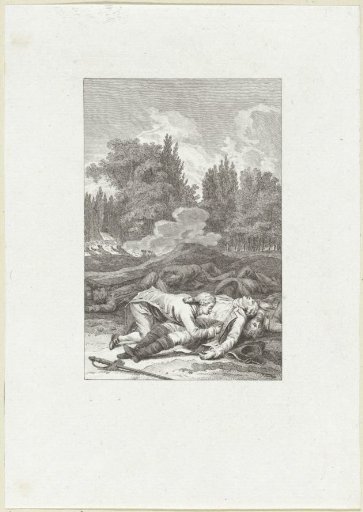 Battlefield in a forest with a man resting his head on the chest of a fallen soldier
