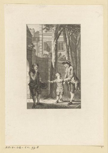 Boy points out a beggar to a gentleman